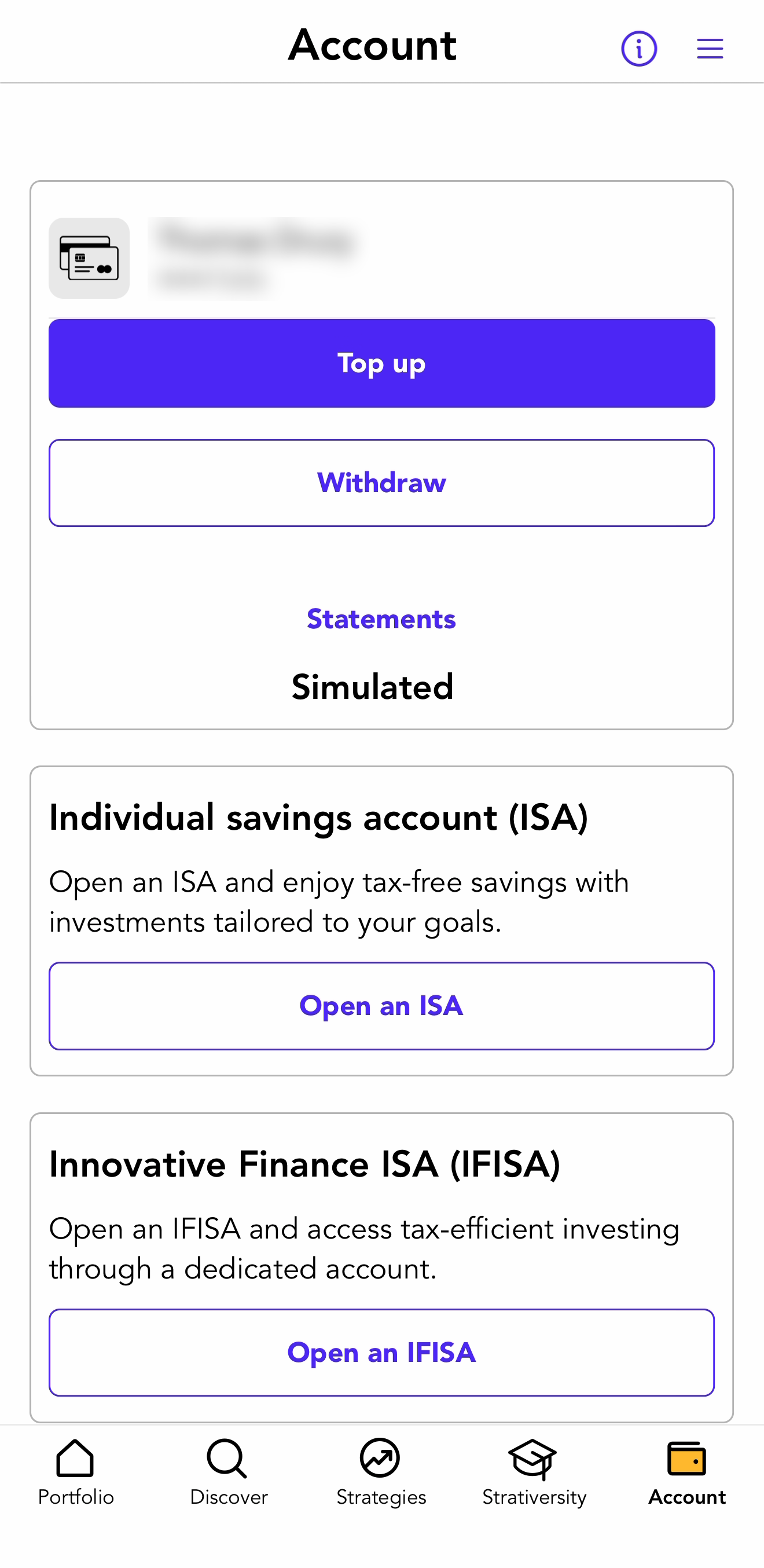 Stratiphy app account screen showing the Stocks and Shares ISA and Innovative Finance ISA options side by side, October 2026