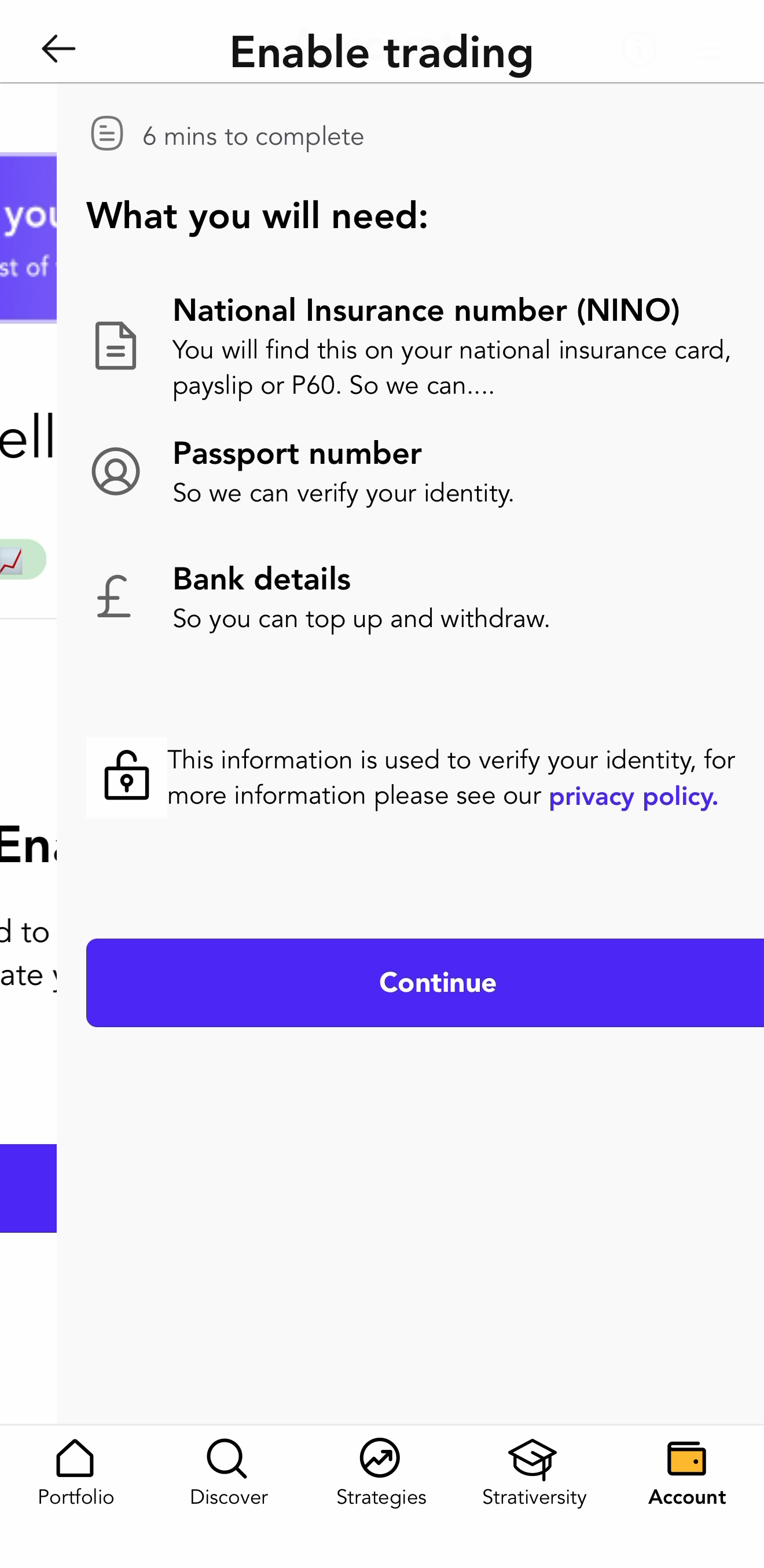 Stratiphy enable trading screen listing what you need: National Insurance number, passport and bank details, with a six minute estimate
