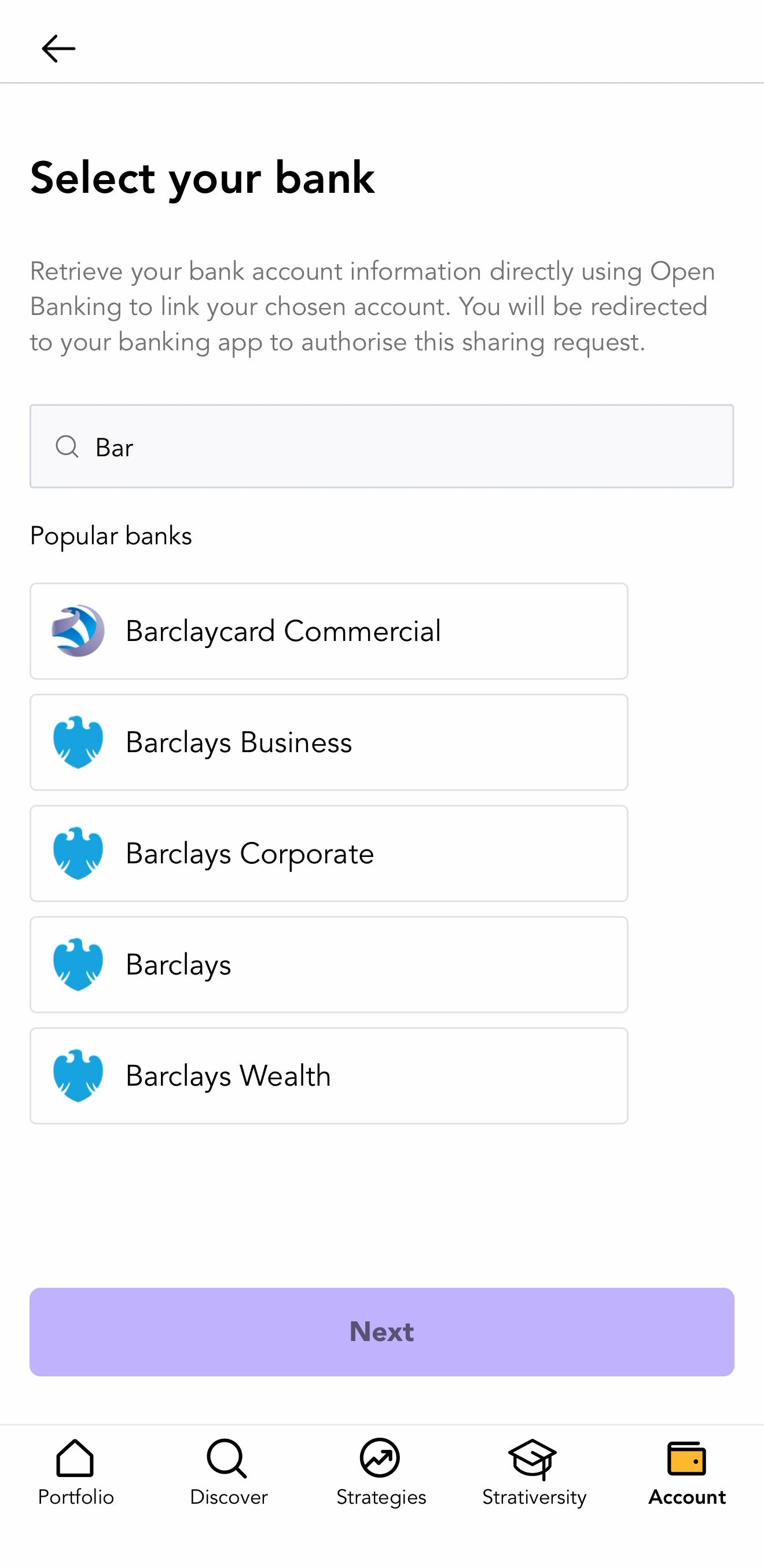 Stratiphy bank connection screen during onboarding showing the Open Banking bank picker with Barclays options listed