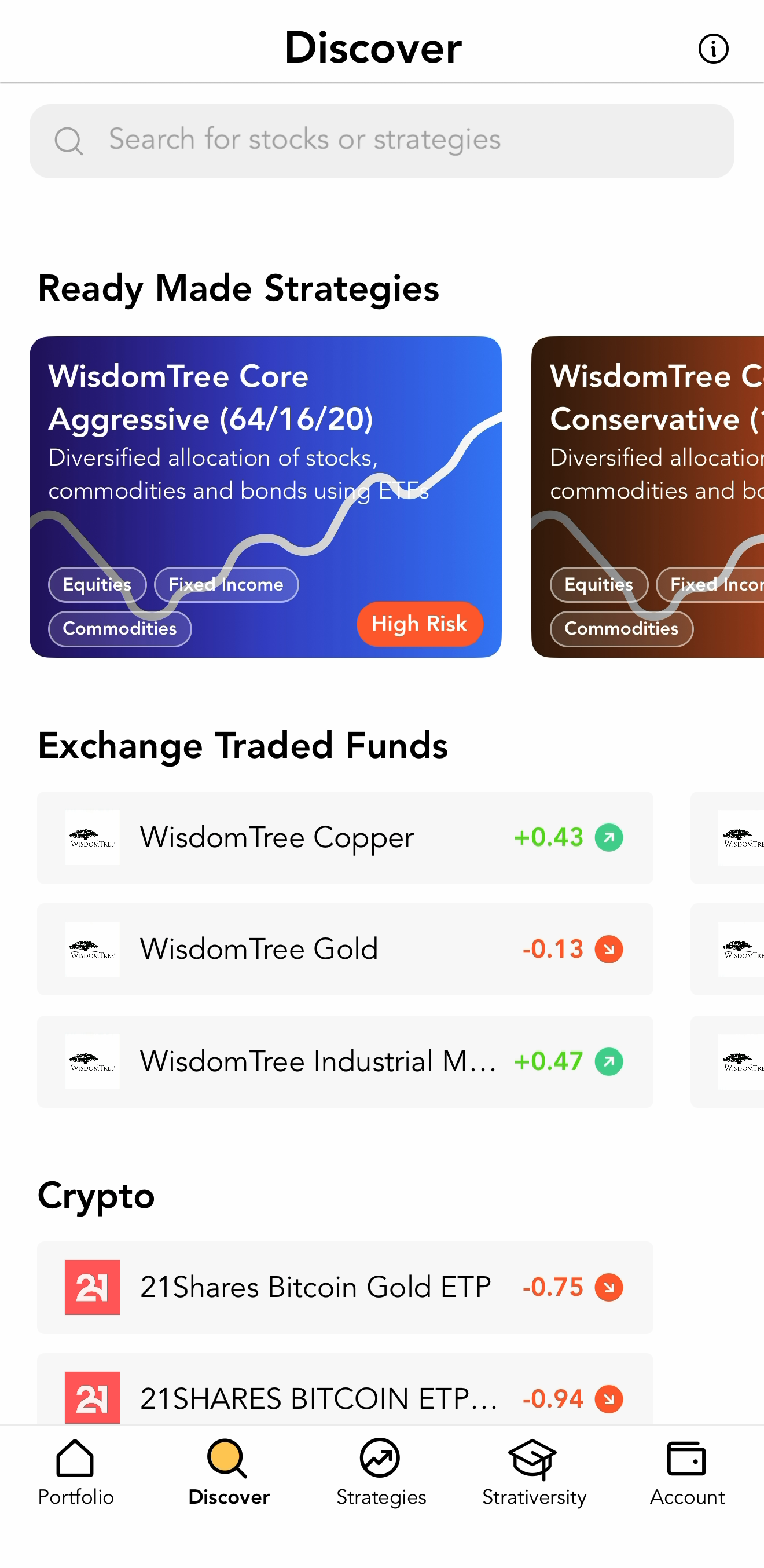 Stratiphy Discover tab showing ready made strategies, WisdomTree exchange traded funds and 21Shares Bitcoin ETPs in the crypto section