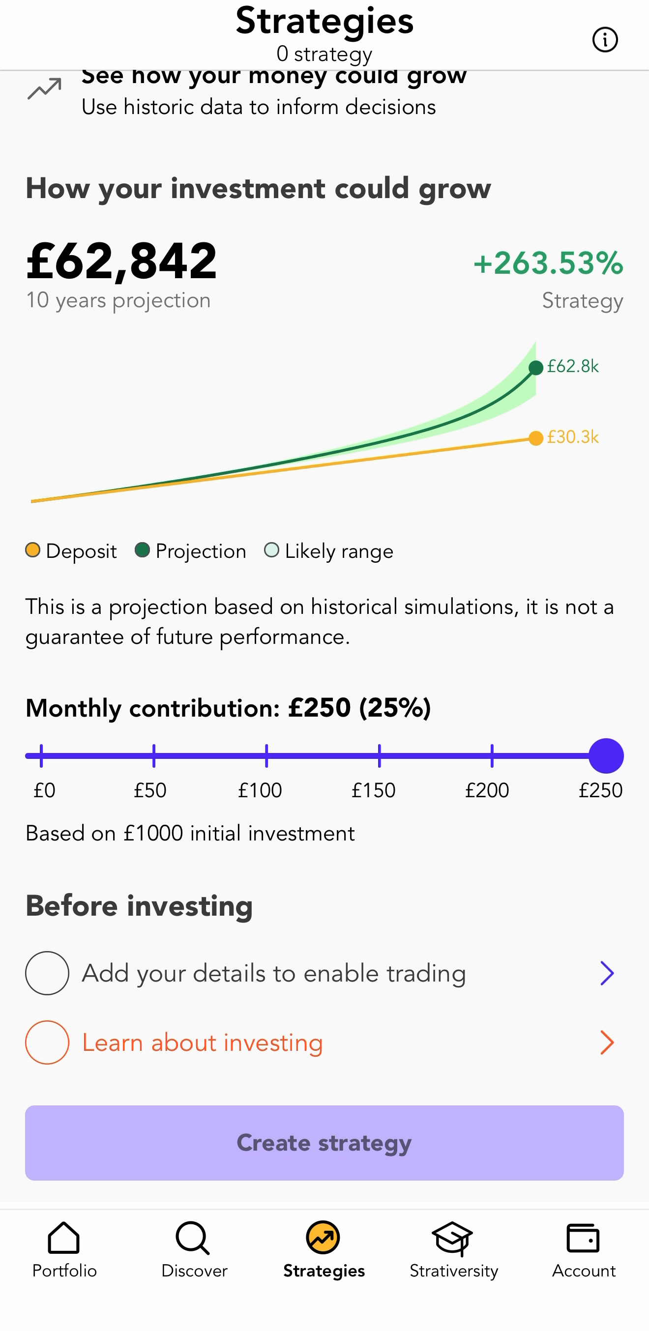 Stratiphy strategies screen showing a ten year growth projection chart with a monthly contribution slider and historical simulation disclaimer