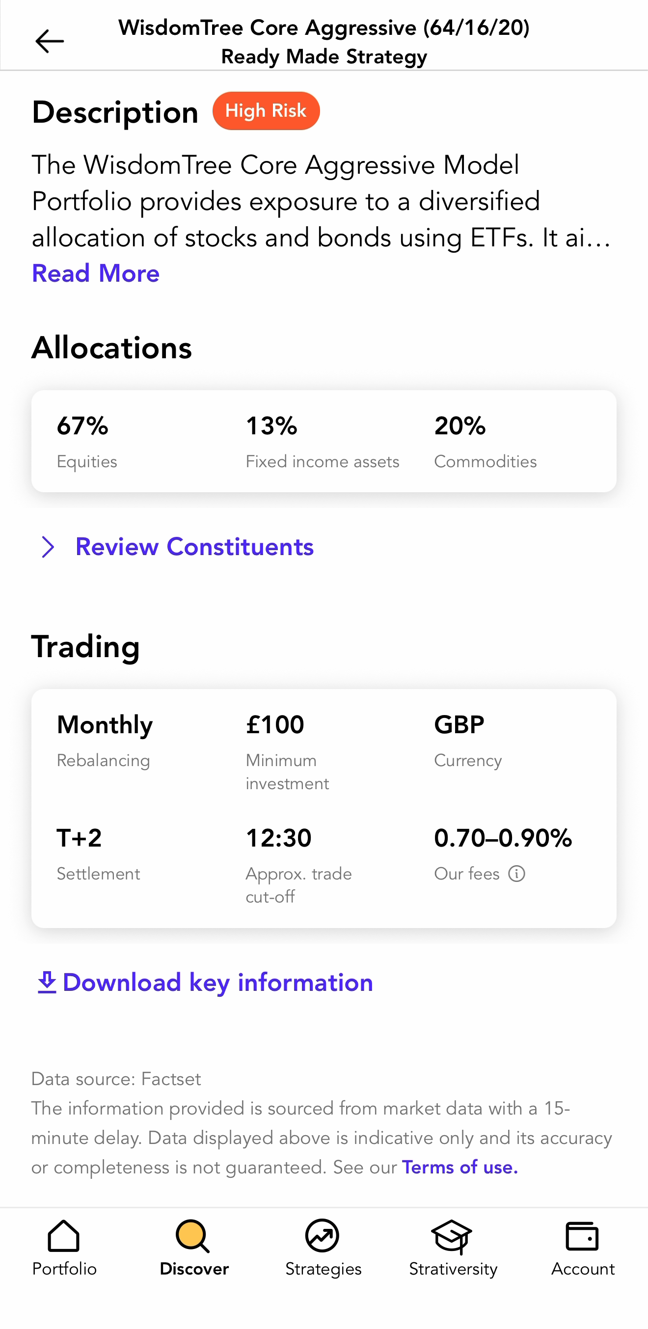 Stratiphy WisdomTree ready made strategy screen showing allocations, monthly rebalancing, 100 pound minimum investment and fees of 0.70 to 0.90 percent