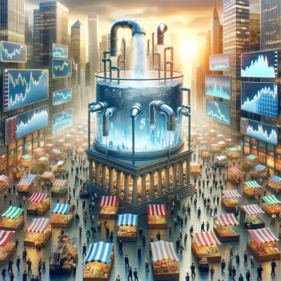 Dynamic market scene illustrating market liquidity with traders at financial instrument stalls and a giant transparent water tank symbolizing capital flow, set against a financial district skyline.